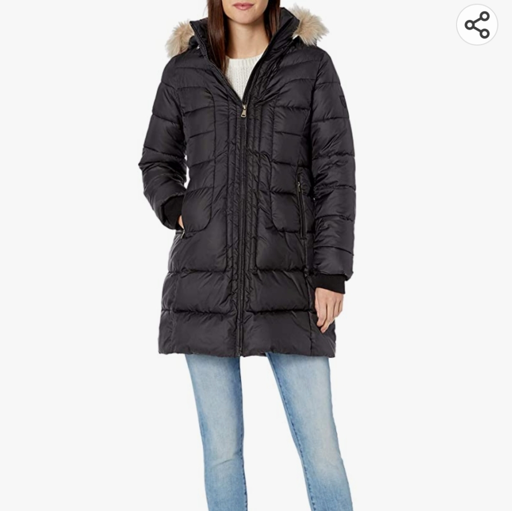 LARRY LEVINE Women's 3/4 Length Puffer W/Curved Quilting & Detachable hood